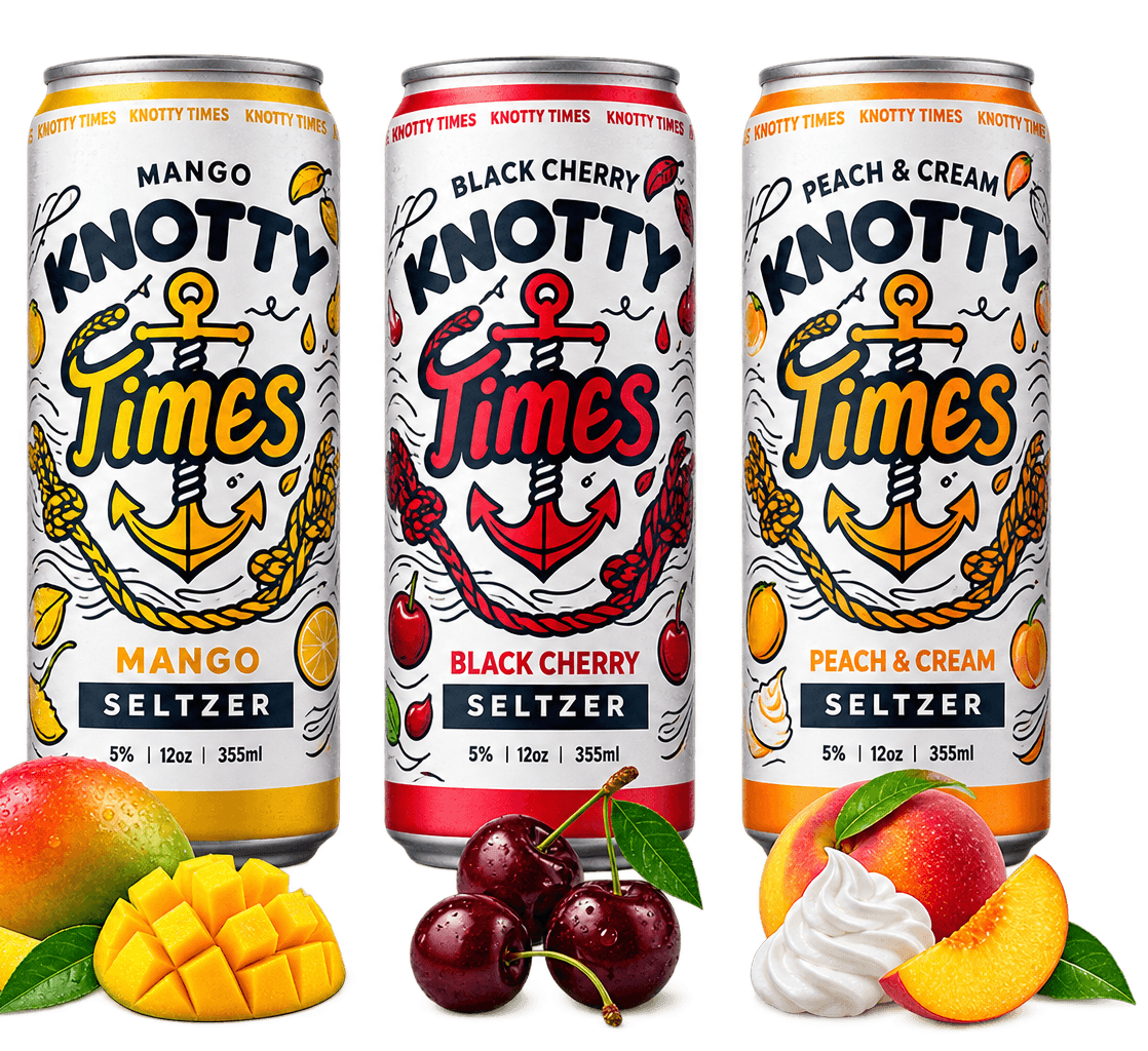 Knotty Times seltzer cans in Mango, Black Cherry, and Peaches & Cream flavors